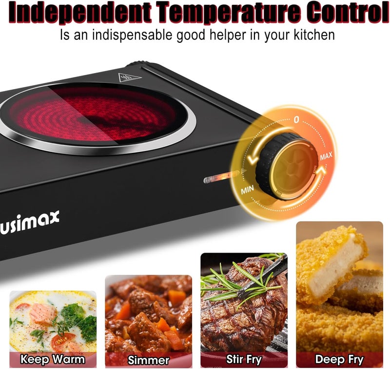 CUSIMAX لوحة ساخنة للطهي، 1800 واط موقد مزدوج بالأشعة تحت الحمراء، موقد كهربائي محمول مع تحكم في درجة الحرارة القابلة للتعديل، لوحة ساخنة من الزجاج السيراميكي للمبيت والمكتب والمنزل والتخييم، ستانلس ستيل أسود - Image 4